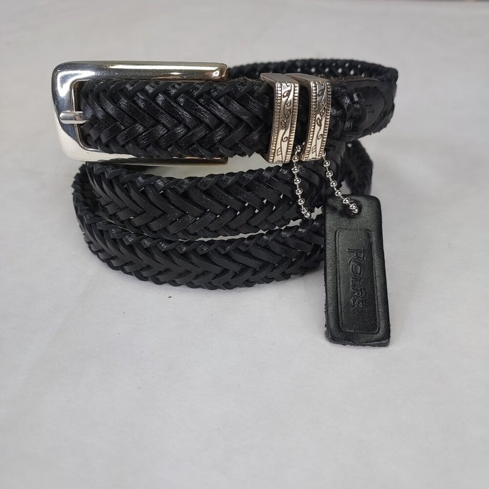 Rolf's Braided Belt Women's M Black Leather Thin Silver Tone Vine Buckle Max 35"